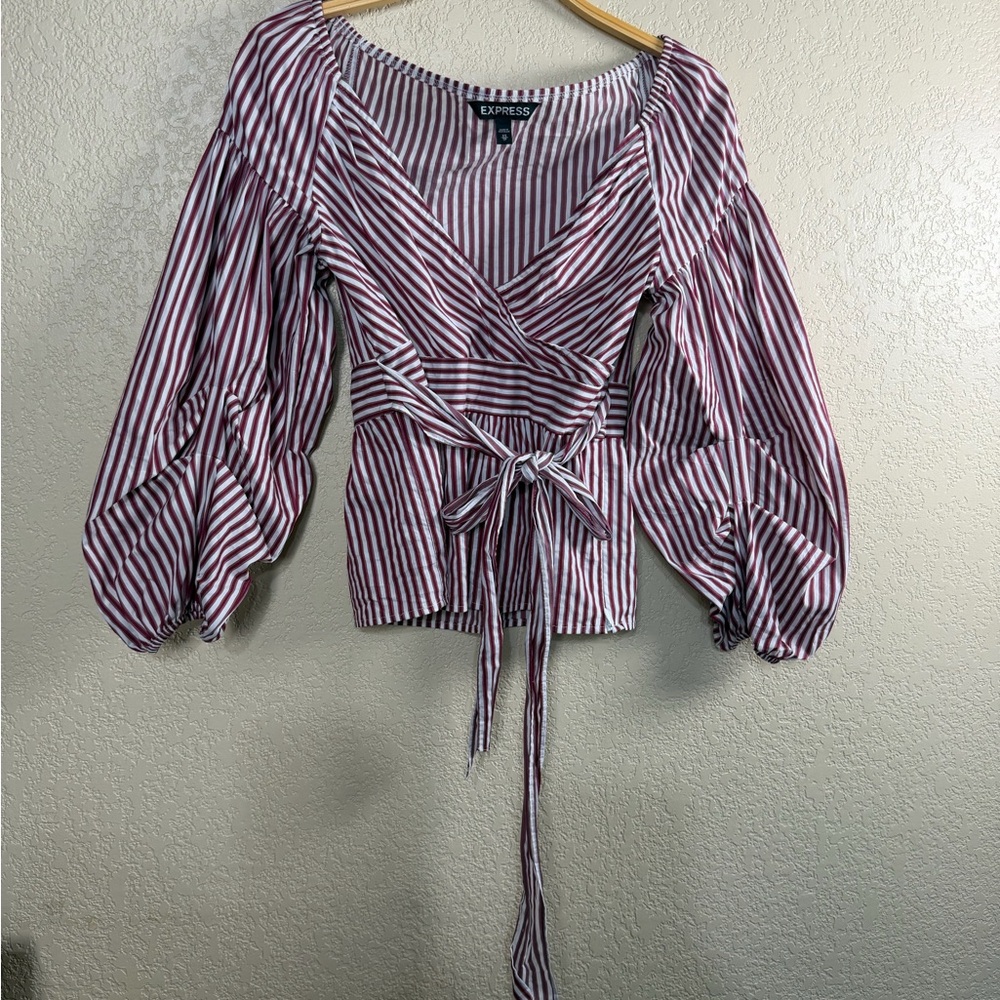 Express Red and White Striped Wrap Blouse